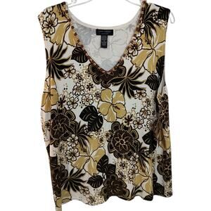 3970).Cable & Gauge Women Silk Blend  Floral V Neck Beaded Tank Top Size 1X